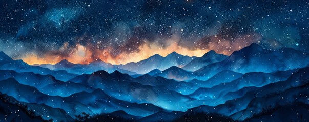 A painting of a mountain range with a blue sky and stars