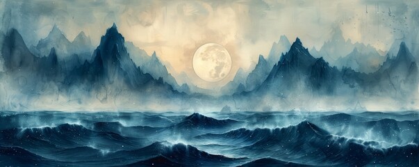 Wall Mural - A painting of a moonlit ocean with mountains in the background