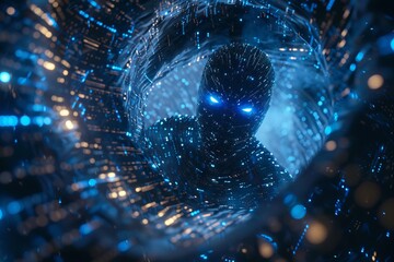 A digital humanoid figure, representing an AI thief, set against a background of binary code and digital symbols