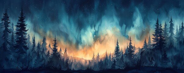 Wall Mural - Abstract night sky with aurora borealis in watercolor.