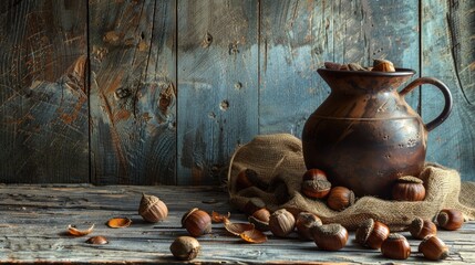 Canvas Print - Vintage still life with acorns and pot on wooden surface