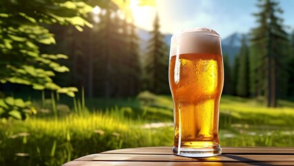 a glass of beer on the table background in nature, Generative AI