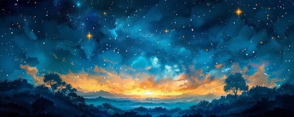 Wall Mural - Abstract night sky with shooting stars in watercolor.