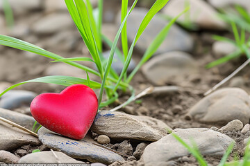 A small red heart shape rests among pebbles and green grass on a sunny afternoon in a garden setting