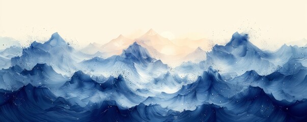 Wall Mural - Abstract moonlit ocean waves with stars in watercolor on white.