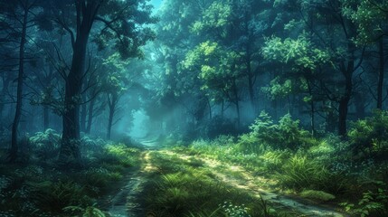 Wall Mural - lush green forest pathway illuminated by soft morning light amidst tall trees. generative ai