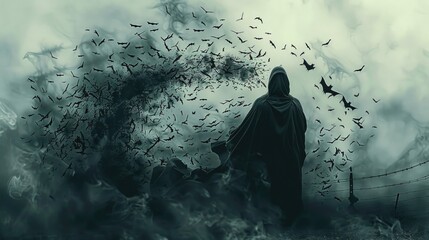 A hooded man stands among a flock of flying black bats. Gothic style. Dark fantasy. Dark background. Barbed wire floating