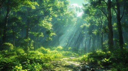 Wall Mural - lush green forest scene with sunlight filtering through leaves in morning glow. generative ai