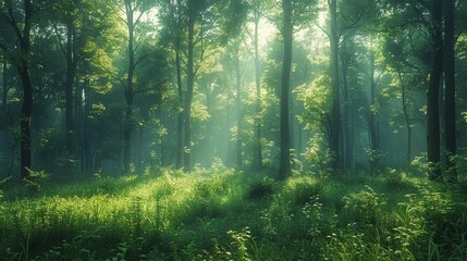 Wall Mural - serene sunlight streamed through lush green forest during early morning hours. generative ai