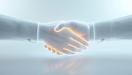 A clean 3D model of a handshake with a glowing aura around it, symbolizing successful partnerships, set against a light backdrop