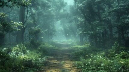 Wall Mural - mysterious foggy forest path inviting exploration on a still morning. generative ai