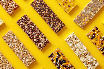 Top view composition with protein granola cereal vegan bars on yellow background. Healthy workout snacks