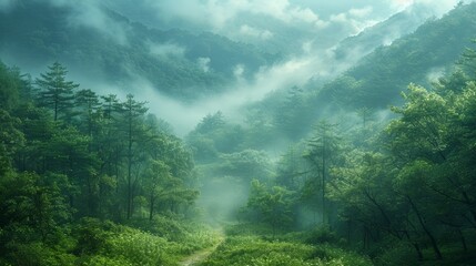 Wall Mural - serene misty forest trail surrounded by lush greenery in early morning light. generative ai