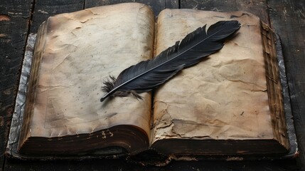 Canvas Print - An empty book with a dark quill for writing