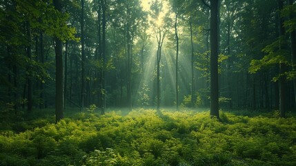 Wall Mural - sunlight filtering through trees in a lush green forest during early morning hours. generative ai