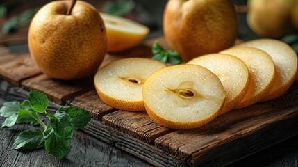 Canvas Print - Fresh Asian Pears Sliced on Wooden Board