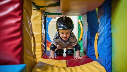 Wall Mural - A young boy with helmet crawling on a colorful play structure, AI