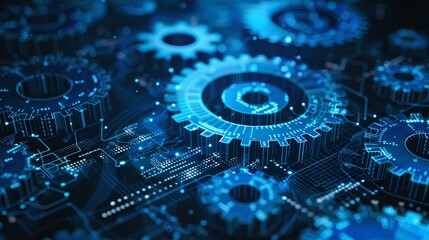 Interlocking gears with blue hues representing the concept of C++ programming language, symbolizing the intricate and precise nature of coding and software development.