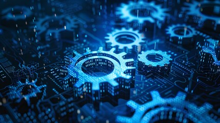 Interlocking gears with blue hues representing the concept of C++ programming language, symbolizing the intricate and precise nature of coding and software development.
