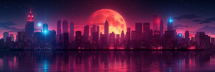 Wall Mural - a city skyline with a large red moon in the sky