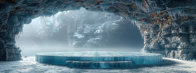 Canvas Print - Frozen Cave Entrance With Ice Platform