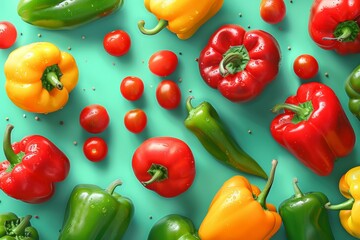 Colorful bell peppers and red tomatoes pattern on pastel green background, top view flat lay