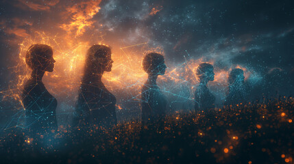 Wall Mural - a group of people are standing in a field of grass with a sky in the background