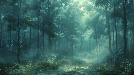 Wall Mural - misty forest landscape with sunlight filtering through trees in early morning. generative ai