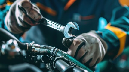 Close-up of a Mechanic's Hand Using a Wrench to Work on an Engine