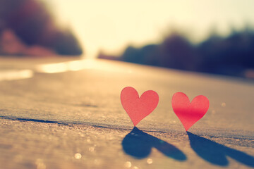 two small paper hearts on a sunlit road, symbolizing love and connection during a peaceful afternoon