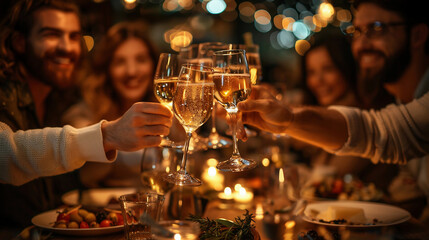 New Year's Eve celebration, with fireworks lighting up the night sky, champagne toasts, and joyful revelers counting down to midnight