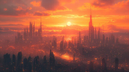 Wall Mural - a cityscape with a large building in the foreground and a sun in the background