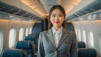 Beautiful smiling asian girl stewardess on the plane professional