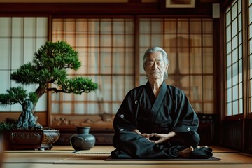 Japanese man meditating in a traditional room with a bonsai tree