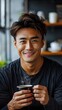 © thanatpong - A Moment of Coffee Bliss: A young Asian man beams with contentment, savoring the aroma of his freshly brewed coffee in a cozy cafe setting.