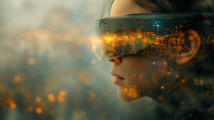 Wall Mural - A woman wearing a pair of goggles with a city view in the lenses