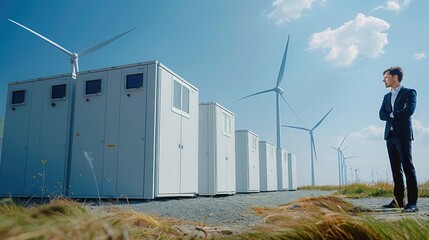 Aufkleber - A man in suit standing next to energy storage system with office building. Wind turbines visible in the background, blue skies, naturally lit. Generative AI.