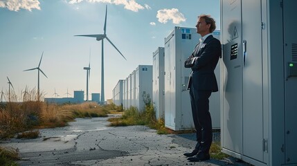 Aufkleber - A man in suit standing next to energy storage system with office building. Wind turbines visible in the background, blue skies, naturally lit. Generative AI.