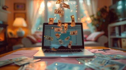 Wall Mural - laptop on a desk, from which exploding money, peach colors, bright colors, blur room elements in the