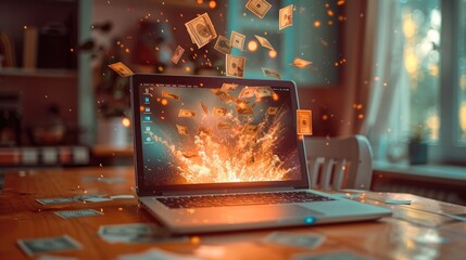 Wall Mural - laptop on a desk, from which exploding money, peach colors, bright colors, blur room elements in the