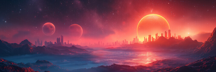 Wall Mural - a city skyline with a large red moon in the sky