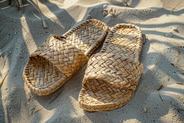 Wall Mural - Woven straw sandals on the sandy beach with gentle waves.