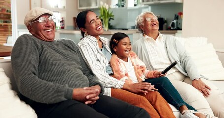 Poster - Generations, family and smile with watching tv in home on sofa for streaming movies or comedy for fun. People, grandparents and girl or kid for entertainment, fun and subscription on couch and happy