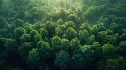 Wall Mural - lush green forest canopy bathed in soft morning light overlooking a tranquil landscape. generative a