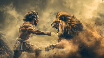 Samson killing a lion with a single punch as if it were a small child, a man so strong he could defeat any animal in the world with simple strikes.