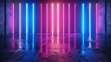 Wall Mural - 3d render of glowing neon light bars, blue and violet vertical lines on dark background, modern desi