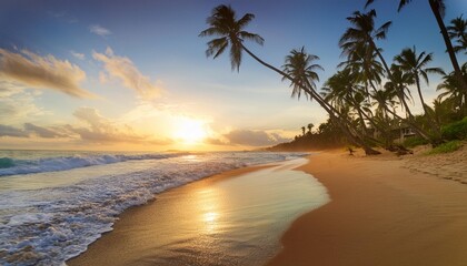 Beautiful sunset wtropical summer beach. panoramic tropical seascape horizon. white sand and blue sea waves, nature background, vacation in paradise concept for tourism, vivid colorful.