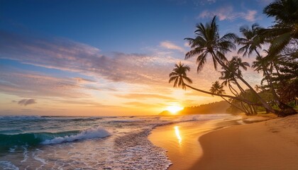 Beautiful sunset wtropical summer beach. panoramic tropical seascape horizon. white sand and blue sea waves, nature background, vacation in paradise concept for tourism, vivid colorful.