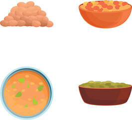 Sticker - Lentil product icons set cartoon vector. Lentil seed and bowl of soup. Healthy organic food