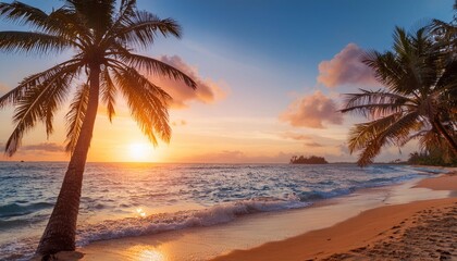 Beautiful sunset wtropical summer beach. panoramic tropical seascape horizon. white sand and blue sea waves, nature background, vacation in paradise concept for tourism, vivid colorful.